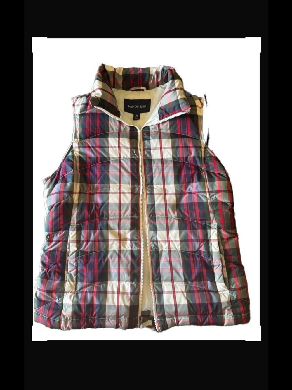 Lands' End Quilted Plaid Vest in Red, Green & White